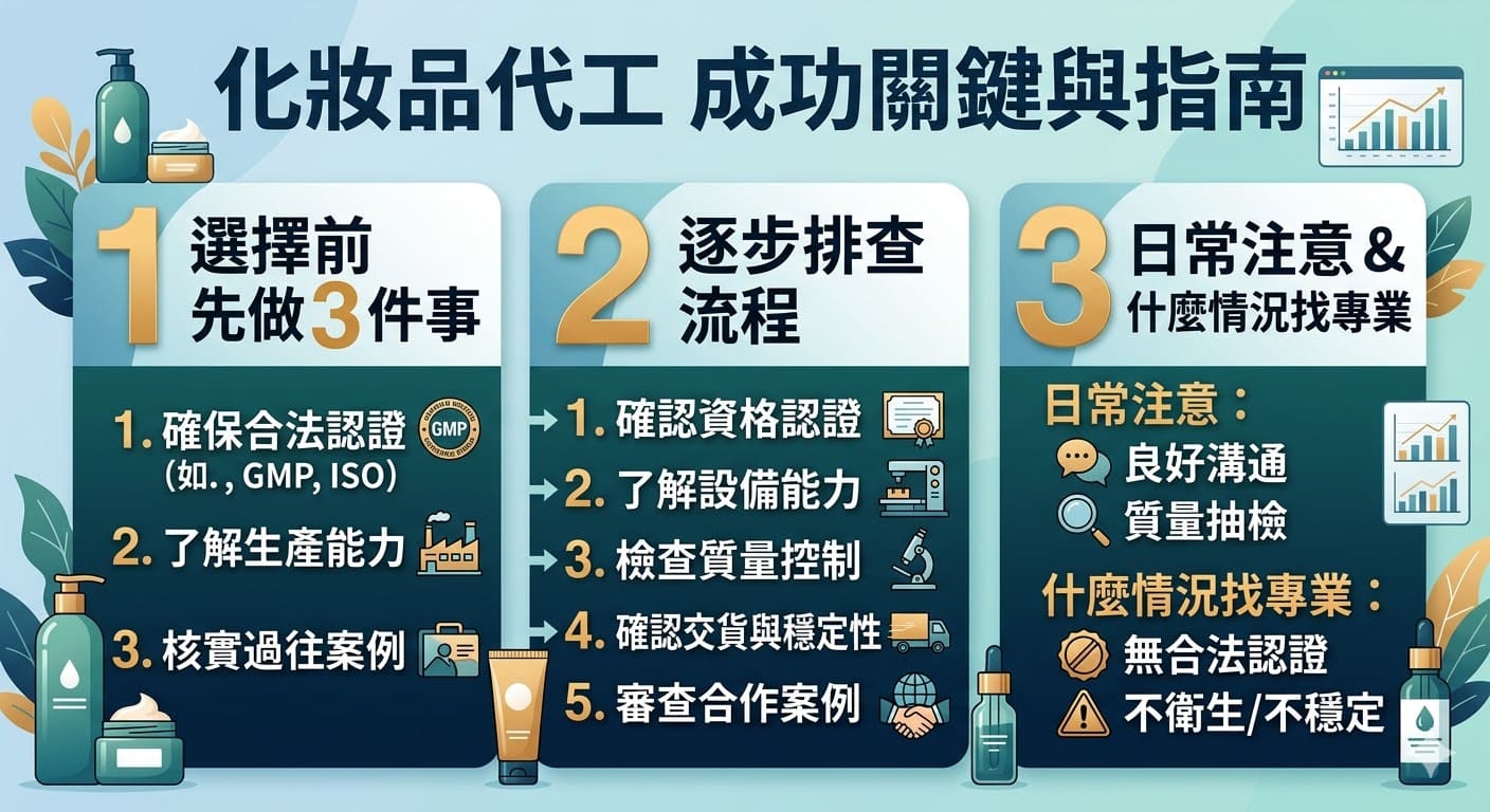 化妝品代工是一個關鍵的生產流程，對於創業品牌來說，選擇正確的代工廠至關重要。本文將介紹如何挑選合適的化妝品代工廠，從確認其合法認證、評估生產能力到檢查品質控制體系。還會提供逐步排查流程，幫助您解決化妝品代工過程中常見的問題，確保產品的質量和交貨準時。了解化妝品代工的管理，讓您更有信心推動品牌成功。